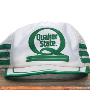 Vintage Distressed Trucker Hat Snapback Baseball Cap Quaker State Motor Oil Racing 3 Three Stripe Made In USA