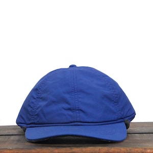 Vintage 90s Lands End Warm Earflap Blue Nylon Fleece Lined Fitted One Size Winter Hat Baseball Cap Size Large XL