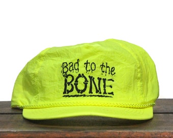 Vintage Neon Yellow Snapback Trucker Hat Baseball Cap Bad To The Bone Badass Guy Biker