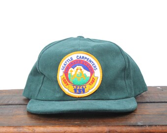 Vintage Trucker Hat Strapback Hat Baseball Cap Seattle Carpenter's Union Local 131 Pacific Northwest Forest Green Patch