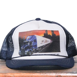Vintage Trucker Hat Snapback Baseball Cap AT American Transport Trucking Hauling Big Rig Semi Truck 18 Wheeler