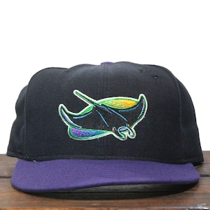 Puede incluir: Una gorra de béisbol negra y morada con un logotipo de raya bordado en colores.
