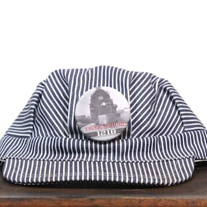 Vintage I Rode Behind 1218 Pin Button N&W Antique Steam Locomotive Hickory Stripe Denim Train Engineer Hat Baseball Cap 6 7/8 Made In USA