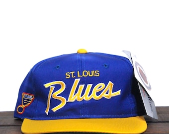 Vintage Deadstock Neu mit Etikett 90er Jahre Sport Specialties Double Line Script St Louis Blues Hockey NHL Twill Snapback Hut Baseball Cap