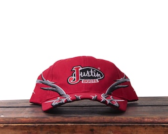 Vintage Y2K Strapback Hat Baseballkappe Justin Boot Company Lederprodukte Western Wear Cowboy Zubehör Marke Tribalmuster