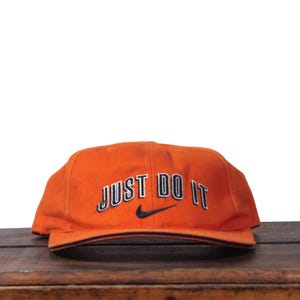 Vintage 90s Orange Nike Athletic Apparel Swoosh Logo Just Do It Snapback Hat Baseball Cap