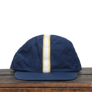Vintage 90s Blank Navy Blue Yellow Racing Stripe Unstructured Strapback Hat Baseball Cap