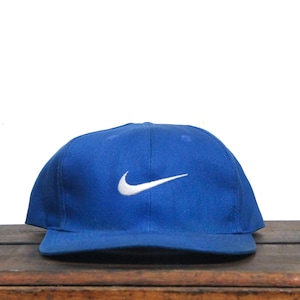 Vintage 90s Nike Athletic Apparel Swoosh Logo Royal Blue Snapback Hat Baseball Cap