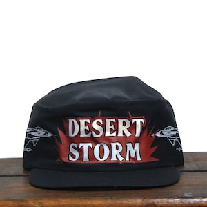 Vintage 80s Deadstock Elastic Back Painters Hat Baseball Cap Desert Storm Fighter Jet Persian Gulf Operation Military Veteran Made In USA