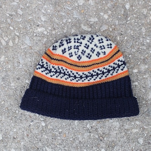 Vintage 80s Blue Orange Geometric Snowflake Sweater Pattern Beanie Knit Ski Warm Winter Hat Cap Toque Made In USA