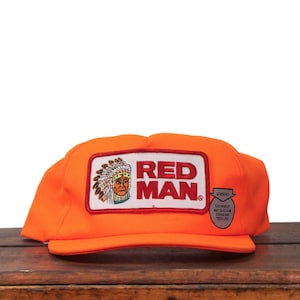 Vintage Blaze Orange Red Man Chewing Tobacco Dip Snuff Hunting Hunter Trucker Hat Snapback Baseball Cap Patch Made In USA