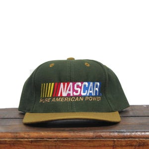 Vintage Olive Green Trucker Hat Strapback Baseball Cap Colorblock Nascar America Motorsport Logo Racing Pure American Power