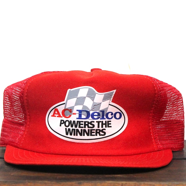 Vintage Red Trucker Hat Snapback Baseball Cap AC Delco Powers The Winners Spark Plugs Auto Parts Racing Made In USA