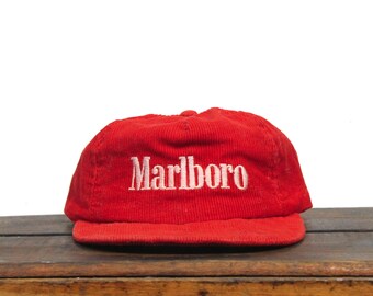 Vintage Distressed 80s Red Corduroy Marlboro Cigarettes Tobacco Sports Cap Trucker Hat Snapback Baseball Cap Made In USA