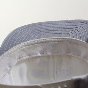 May include: A light gray baseball cap with a white interior and a gray brim. The brim has horizontal stitching. The cap is being held up by a hand. The cap is a classic style.