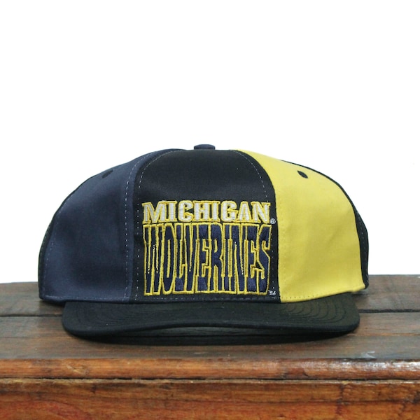 Vintage 90s UM University Of Michigan Wolverines Football NCAA College Colorblock Snapback Hat Baseball Cap