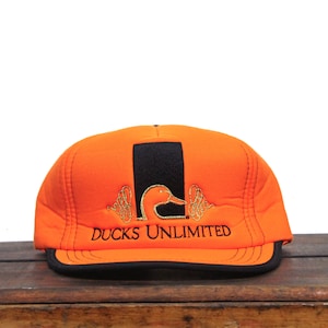 Vintage Blaze Orange DU Ducks Unlimited Waterfowl Mallard Bird Hunting Strapback Trucker Hat Baseball Cap Patch