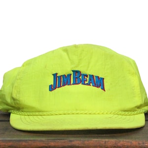 Vintage Distressed Neon Yellow Windbreaker Fabric Jim Beam Kentucky Bourbon Whiskey Liquor Trucker Hat Snapback Baseball Cap