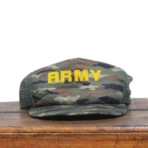 Vintage 80s Trucker Hat Snapback Baseball Cap United States Army US Military Infantry Veteran Camo Camouflage Made In USA