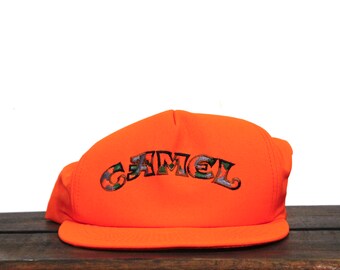 Vintage Trucker Hat Snapback Baseball Cap Camel Cigarettes Tobacco Joe Camel Blaze Hunter Orange Made In USA