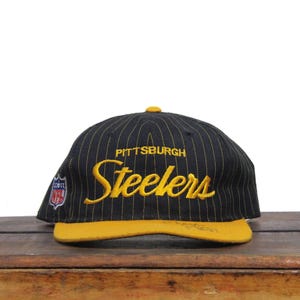 Vintage 90s Pinstripe Sports Specialties Script Pittsburgh Steelers Football NFL Pennsylvania Wool Snapback Hat Baseball Cap