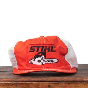 Gorra de béisbol clásica vintage de los años 80 con cierre a presión, estilo camionero, con parches de motosierras Stihl, herramientas eléctricas, equipo, tala forestal, productos de la marca K, fabricados en EE. UU.