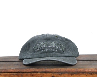 Vintage 90s Washed Out Green Miami Beach Florida Vacation Unstructured Strapback Hat Baseball Cap