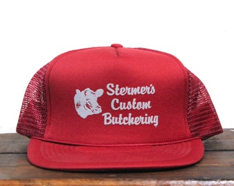 Vintage Trucker Hat Snapback Baseball Cap Stermer's Custom Butchering Meat Cattle Steer Beef Butcher