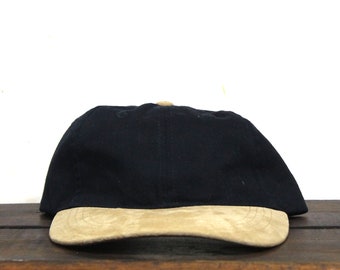 Vintage 90s Black Suede Leather Brim Unstructured Strapback Hat Baseball Cap