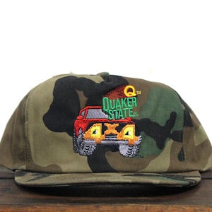 Vintage Trucker Hat Snapback Baseball Cap Quaker State Motor Oil 4X4 Four Wheel Drive Off Road Truck Heavy Duty Camo Camouflage Jacht