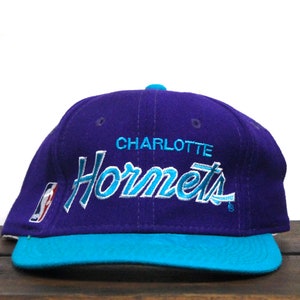 Op de afbeelding: Een paarse en turquoise baseballpet met de tekst "Charlotte Hornets" geborduurd op de voorkant.