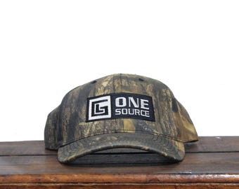 Vintage Mossy Oak Woodland Camo Camouflage Hunting GL One Source Oilfield Services Strapback Hat Baseball Cap