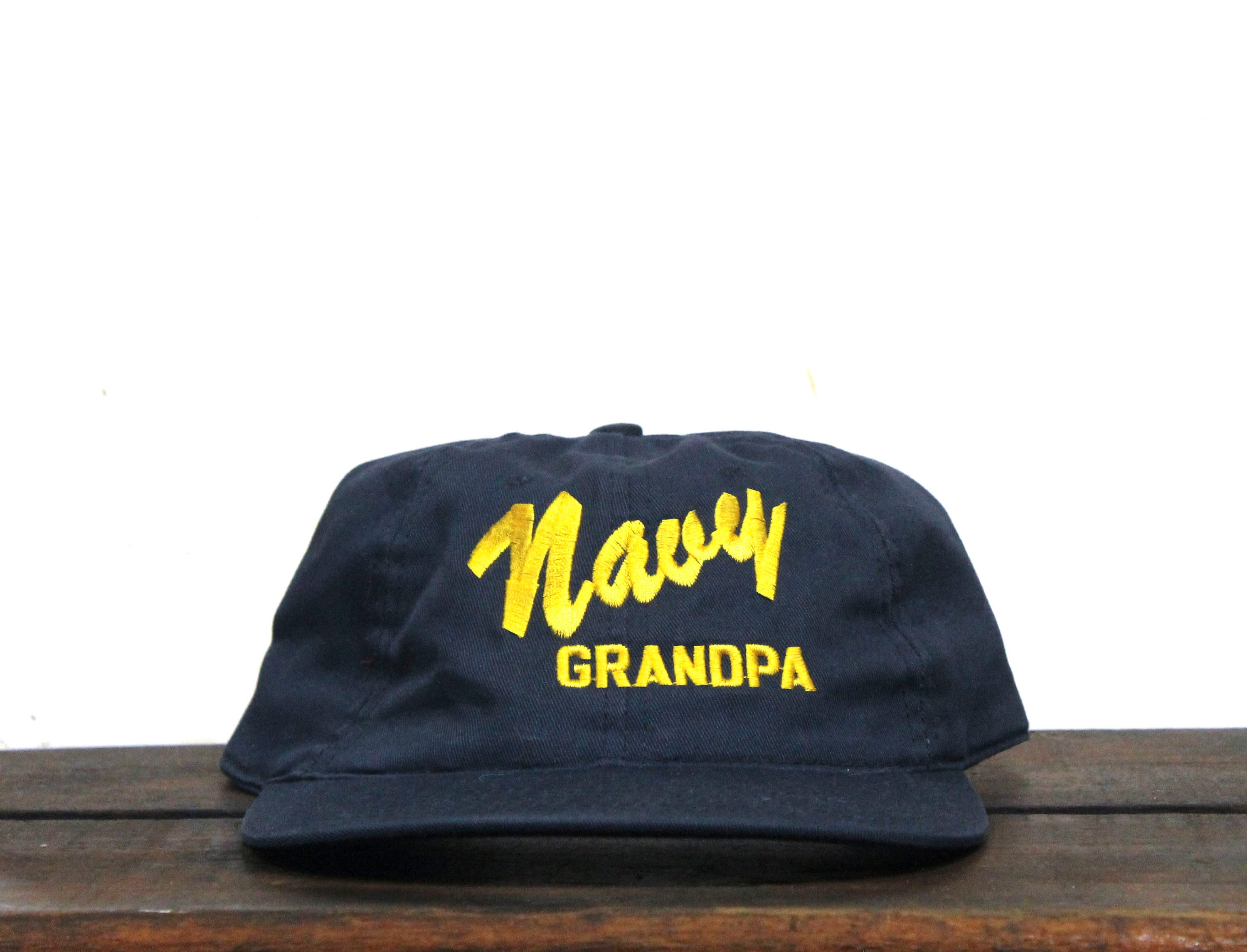 Vintage 90s Strapback Hat Baseball Cap Navy Grandpa Grandad Grandparent Family Grandfather Military Veteran
