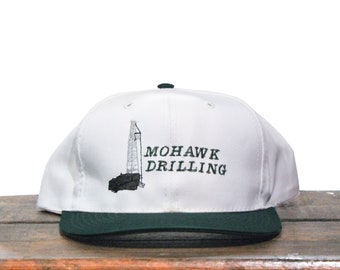 Vintage Trucker Hat Strapback Baseball Cap Mohawk Oil Drilling Fossil Fuel Well Rig Forest Green Brim