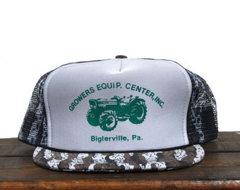 Vintage 80s Growers Equipment Center Biglerville PA Tractor Farm Implement Camo Camouflage Hunting Snapback Trucker Hat Baseball Cap