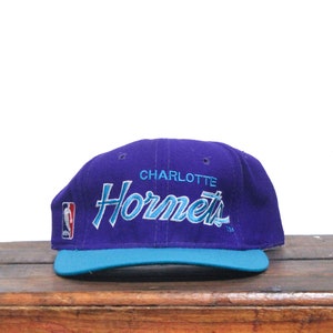 May include: Purple and teal Charlotte Hornets baseball cap with the team logo and name embroidered on the front.