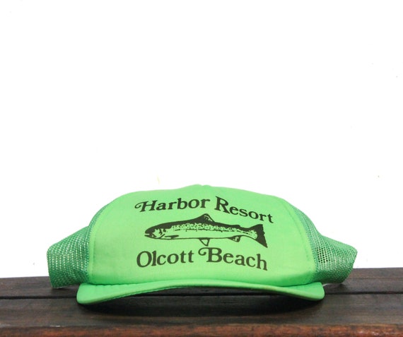 Vintage Neon Green Harbor Resort Olcott Beach New York Marina Fishing Lake  Ontario Great Lakes Trucker Hat Snapback Baseball Cap 