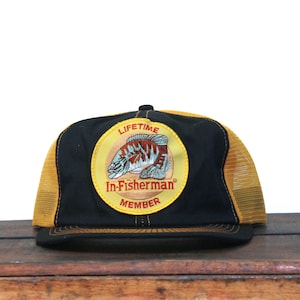 Vintage Trucker Hat Snapback Baseball Cap In-Fisherman Lifetime Member Bass Fishing Magazine Black Yellow K Brand Products USA Made