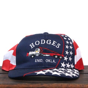 Vintage 90s Hodges Drilling Truck Enid OK Oklahoma Stars And Stripes America USA Unites States Flag Strapback Hat Baseball Cap