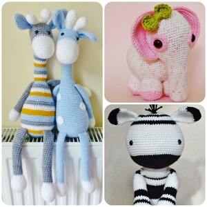 Crochet Amigurumi PATTERN Pack Special Offer Giraffe Elephant Zebra Triple Pack Toy Plush Animals
