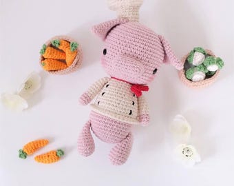 PATROON gehaakt varken amigurumi, doe-het-zelf chef varken knuffel (pdf)