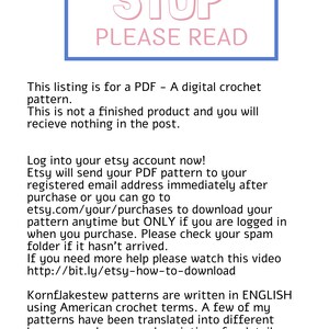 Puede incluir: Anuncio de patr&oacute;n de crochet digital con el texto "STOP PLEASE READ" en un cuadro azul. El anuncio es para un PDF, no un producto terminado. Las instrucciones est&aacute;n en ingl&eacute;s con t&eacute;rminos de crochet americanos.