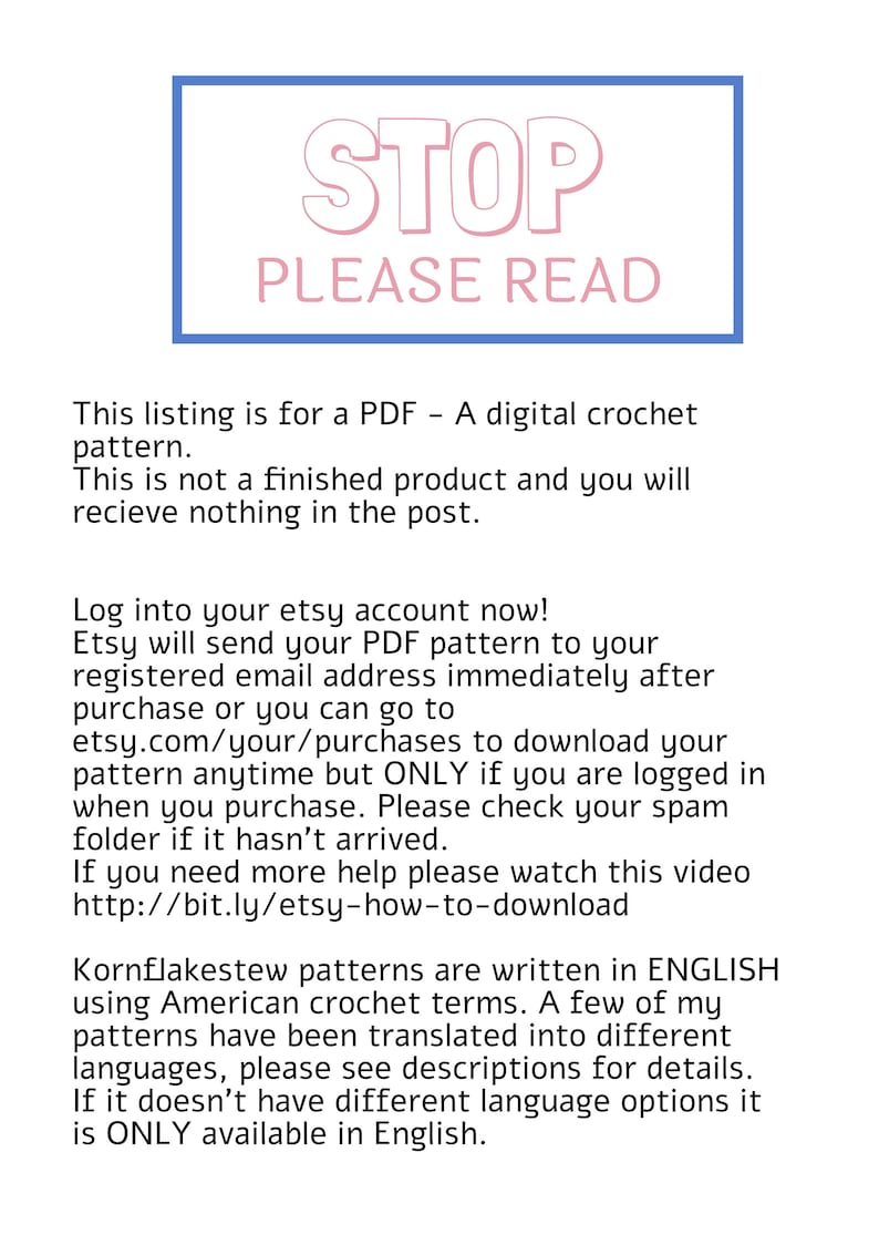 Puede incluir: Anuncio de patr&oacute;n de crochet digital con el texto "STOP PLEASE READ" en un cuadro azul. El anuncio es para un PDF, no un producto terminado. Las instrucciones est&aacute;n en ingl&eacute;s con t&eacute;rminos de crochet americanos.