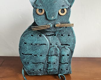 Vintage Whimsical folk art blue metal cat Tealight holder