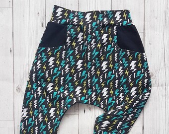 Lighting bolts - boys leggings - glow in the dark - boys black harems - uk