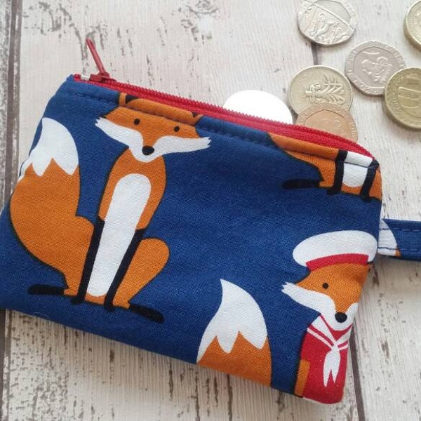 Fox purse, small change purse, card holder, coin purse, fox, blue purse, uk
