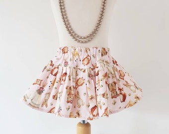 Pink woodland girls skirt - bunny skirt - woodland clothing - Easter skirt - fox skirt - rabbit skirt - no chocolate Easter - girls gift