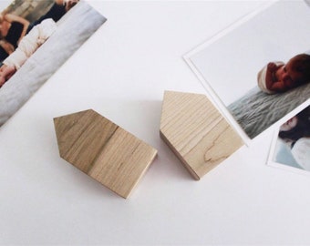 Set of 2 Wood Photo Stands - Place Card Holder - Wood Print Photo Stands - Little Wood Houses  - Desk Accessory - Photo Display