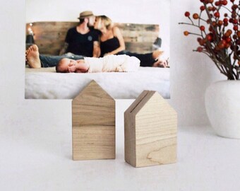 Set of 2 Wood Photo Stands - Place Card Holder - Wood Print Photo Stands - Little Wood Houses  - Desk Accessory - Photo Display