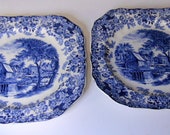 Pair of Johnson Bros. Mill Inn collector plates Vintage blue white dining room decor, Johnson bros. dinnerware, Mill Inn plates